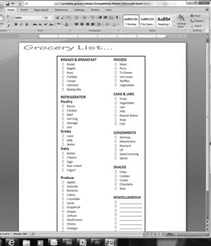 Printable grocery list